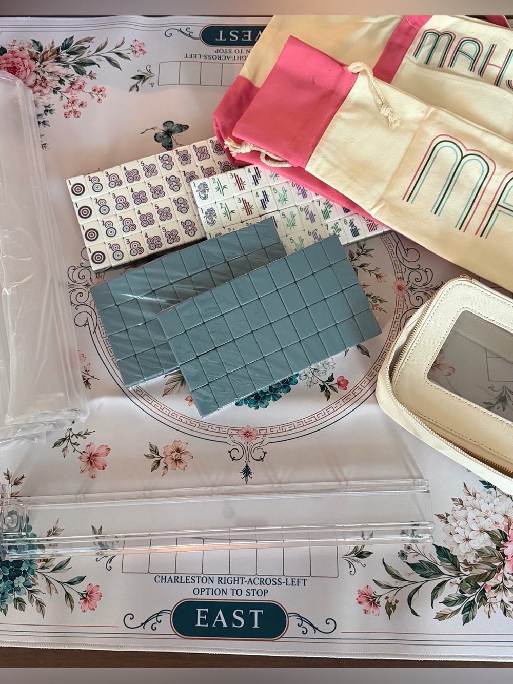Mahjong Tile Set with Accessories, Blue Tiles and Pink Tote Bag